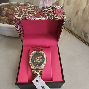 Ed Hardy Gold Women's Watch with Rose Design